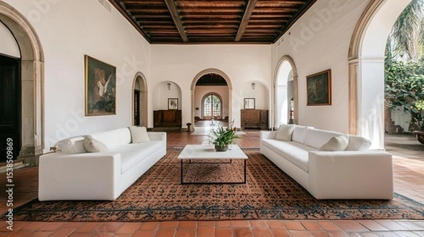 Fototapeta Elegant living room with white sofas, a patterned rug, wooden ceiling, and arched doorways in a spacious, classical interior.