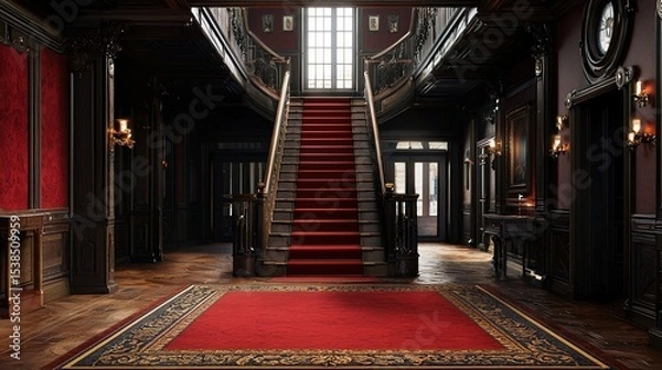 Fototapeta A grand, elegant staircase with a red carpet in a luxurious, vintage mansion interior with ornate woodwork and large windows.
