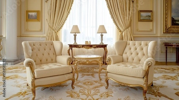 Fototapeta Elegant, classic living room with ornate armchairs, gold accents, and luxurious drapes in a sophisticated setting.