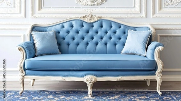 Fototapeta Elegant blue vintage sofa with tufted upholstery and ornate white wood frame, set in a classic, luxurious interior.