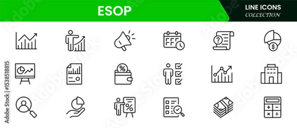Fototapeta Strategic vector web line icons depicting ESOP, employee ownership, stock plans, benefits, and financial empowerment for workforce engagement.