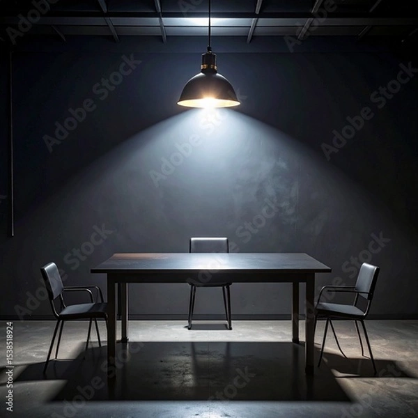 Fototapeta Dark Interrogation Room with Hanging Lamp and Metal Table