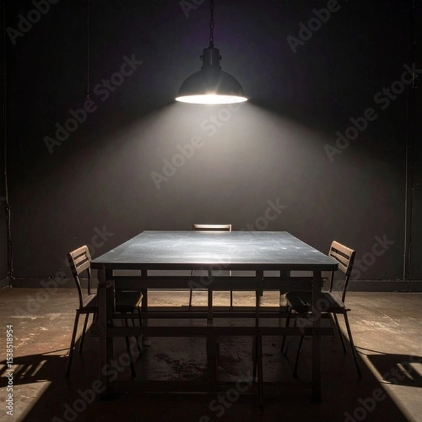 Fototapeta Dark Interrogation Room with Hanging Lamp and Metal Table