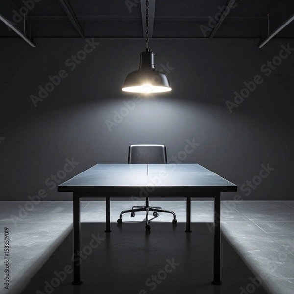 Fototapeta Dark Interrogation Room with Hanging Lamp and Metal Table