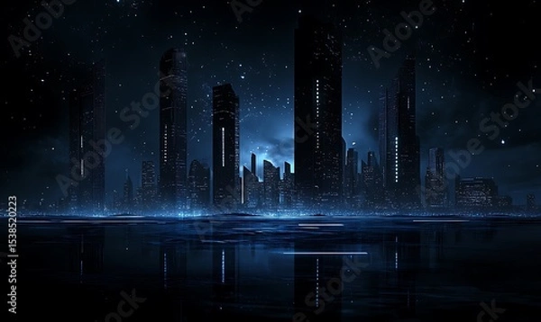 Fototapeta A futuristic cityscape reflects in a dark and starry expanse