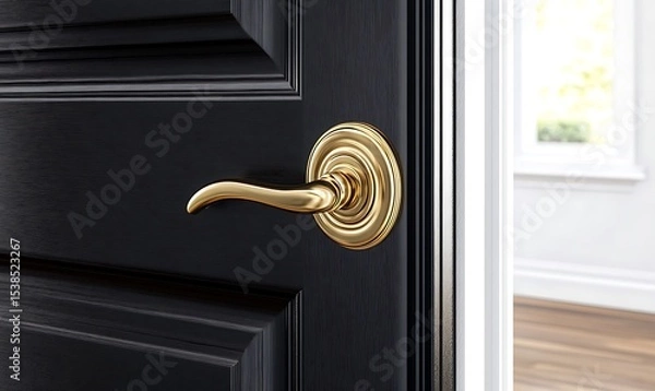 Fototapeta A golden door handle is attached to a black panel door