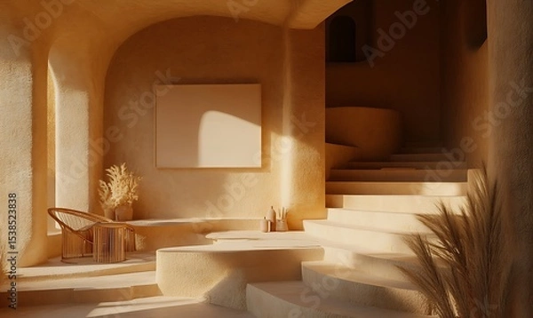 Fototapeta An artistic architectural interior with stairs and neutral colors is shown