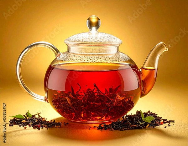 Fototapeta Bule de chá de vidro transparente, com folhas soltas, dentro e fora em ambiente com iluminação dourada. 