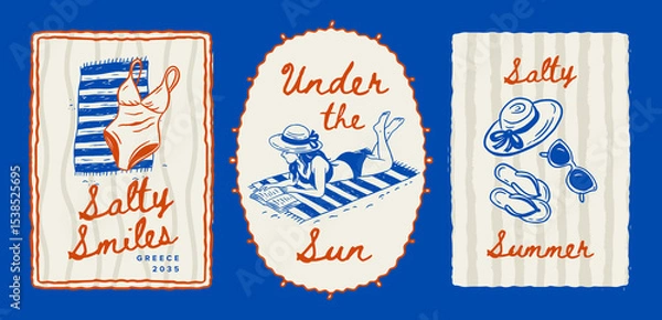 Fototapeta Summer Postcard Vintage Beach Whimsical Doodle Poster Set Sketch Travel Vector Vacation
