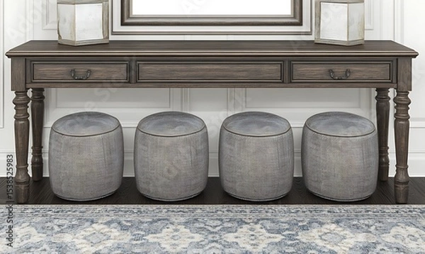 Fototapeta A wooden table with four stools is displayed in a room