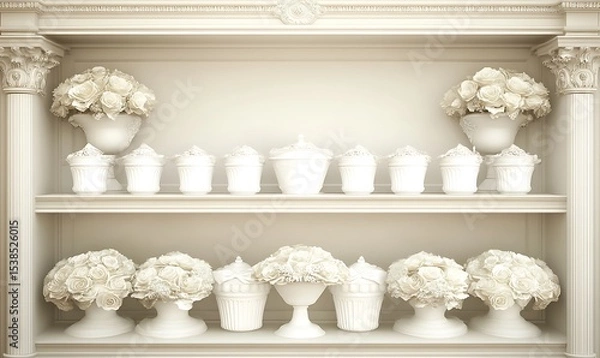 Fototapeta An all white shelf displays flowers and decorative cupcake containers