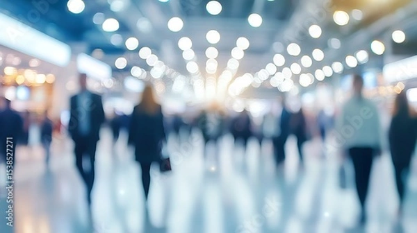 Obraz Blurred people walking in modern building interior for business travel and conference event concept image