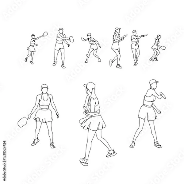 Fototapeta Female pickleball players in various action poses set continuous line drawing, vector art, perfect for tattoo design, t-shirt print, logo, or sports branding, dynamic and stylish silhouette.