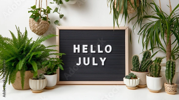 Obraz Decorative letter board with 'Hello July' text surrounded by houseplants on white wall, ideal for seasonal decoration, lifestyle blogs, and summer home inspiration