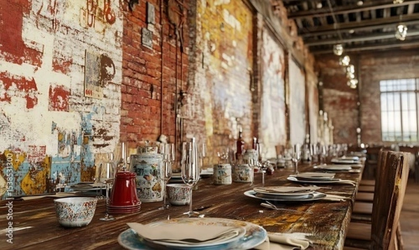 Fototapeta A long wooden table set for a gathering inside a venue