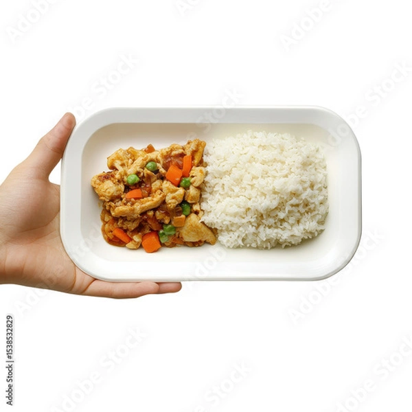 Fototapeta Hand holding a plate of chicken stir-fry with vegetables and rice, showcasing a delicious, balanced meal in a bright setting. on transparent background