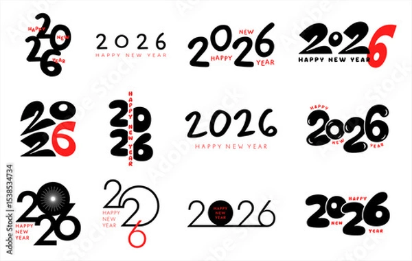 Fototapeta Happy New Year 2026 greetings inscription lettering big set, hand drawn and digital typographic compositions. Bold blobby playful black marker uneven rounded numbers letters. Modern trendy type fonts.