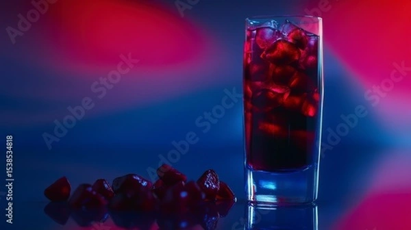 Obraz refreshing pomegranate juice drink, pomegranate juice with ice cubes, pomegranate juice drink recipe ideas, sparkling pomegranate juice with seeds, a simple glass of pomegranate juice, natural