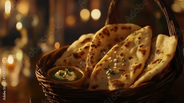 Obraz naan bread and chutney, indian flatbread culinary art, detailed naan bread texture, naan bread with green garnish, close-up shot of naan, candlelight ambiance, rustic food photography, food photograph