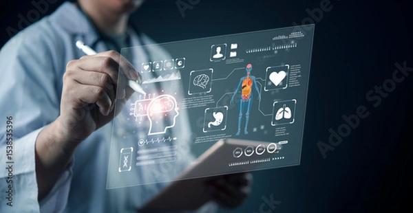 Fototapeta Doctor using smart tablet diagnostics with AI interface, analyzing brain, heart, lungs, and organs for precision medicine. technology and digital smart healthcare and innovative patient analysis.