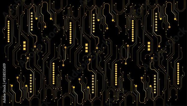 Fototapeta A golden background with golden circuit board lines, golden dots and yellow chips