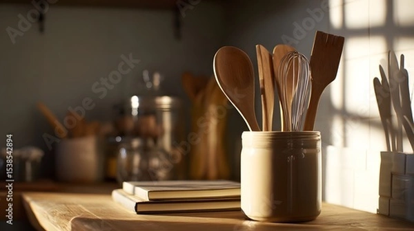 Fototapeta Cozy kitchen scene featuring wooden utensils in a jar on a wooden table with sunlight streaming in