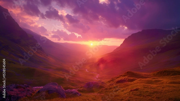 Fototapeta Breathtaking sunset over valley with purple and magenta sky, casting warm glow on landscape, creating serene atmosphere