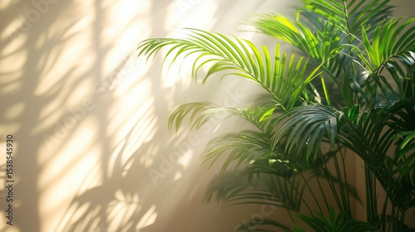 Obraz Bright rays of sun penetrate through the window, casting shadow patterns from the palm leaves on the light wall.