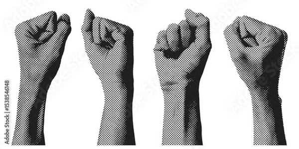 Fototapeta Four clenched hand fists in halftone black and white symbolize strength, power, unity, and solidarity.