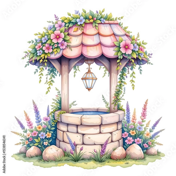 Fototapeta Enchanting floral well with lantern garden setting illustration serene environment aesthetic viewpoint