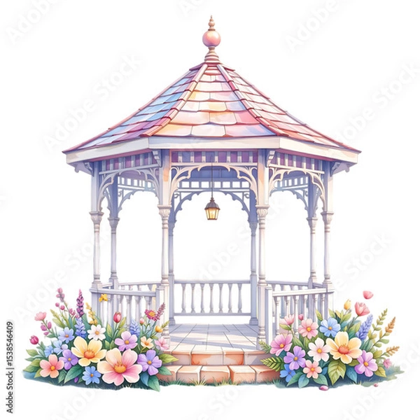 Fototapeta Serene gazebo surrounded by colorful flowers garden setting illustration calm atmosphere aesthetic perspective
