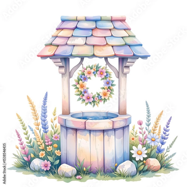Fototapeta Charming floral well with colorful roof serene garden setting digital illustration whimsical atmosphere