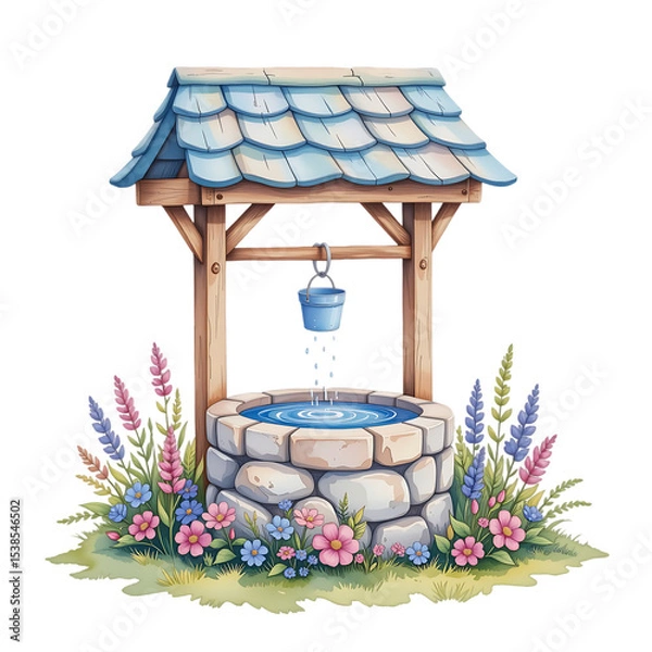Fototapeta Refreshing water well surrounded by colorful flowers tranquil garden setting illustration nature serene view