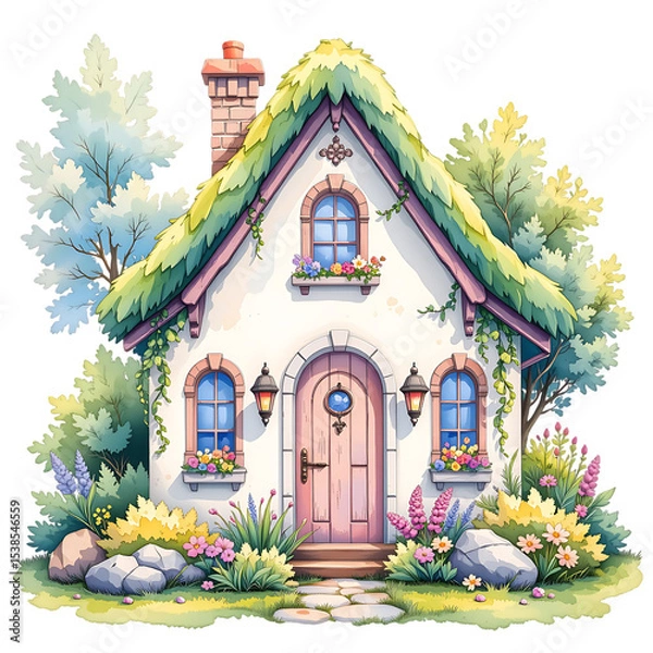 Fototapeta Charming cottage in a lush garden illustration scenic environment whimsical viewpoint