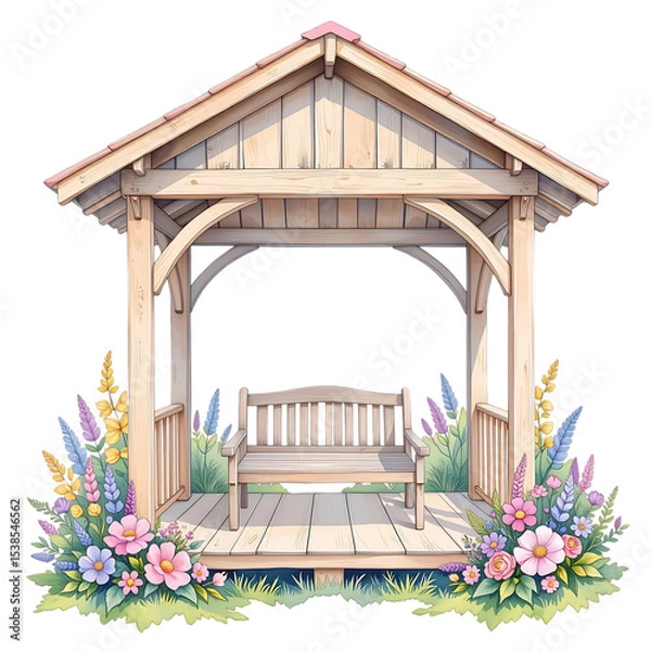 Fototapeta Relaxing wooden gazebo surrounded by colorful flowers in a tranquil garden setting vibrant nature scene