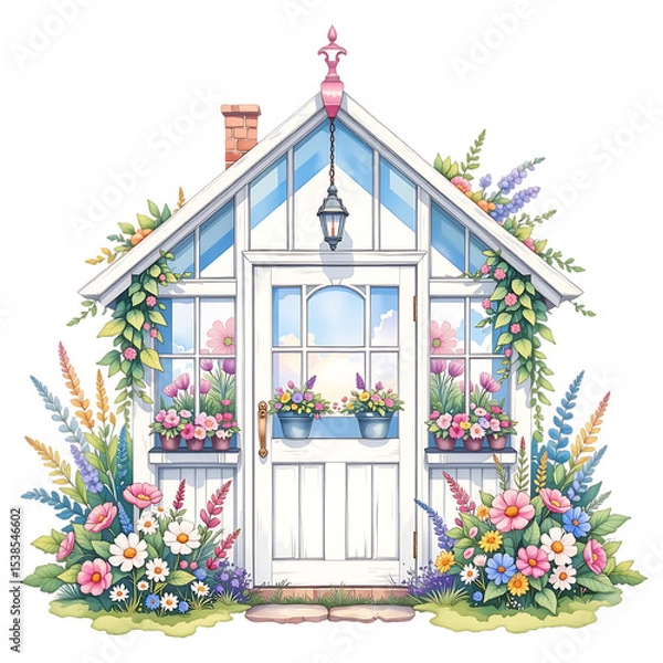Fototapeta Charming flower-adorned cottage serene garden illustration bright and colorful front view tranquility and nature