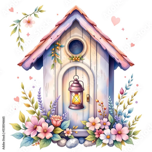 Fototapeta Charming birdhouse with lantern and flowers nature scene digital art whimsical environment close-up home concept