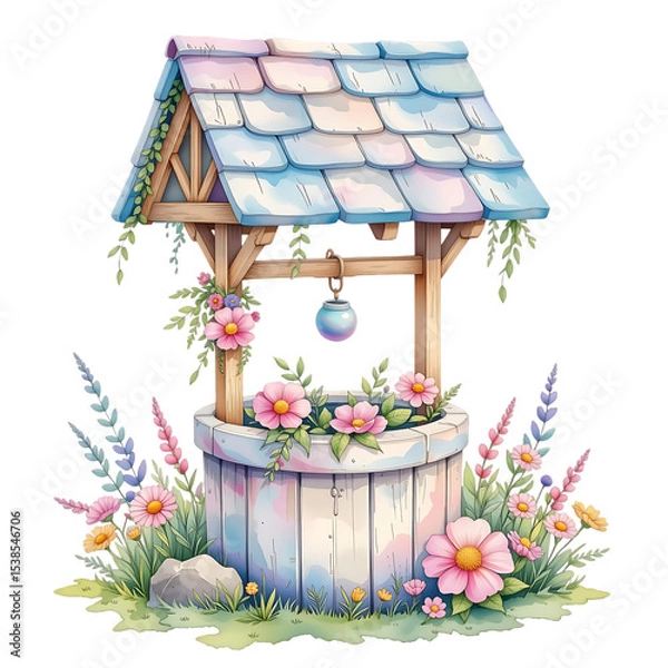 Fototapeta Enchanting floral well tranquil garden digital illustration serene environment aerial view whimsy concept