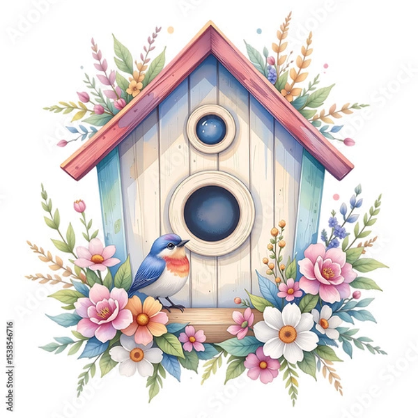 Fototapeta Charming birdhouse with colorful flowers nature setting digital artwork vibrant colors close-up view home sweet home concept