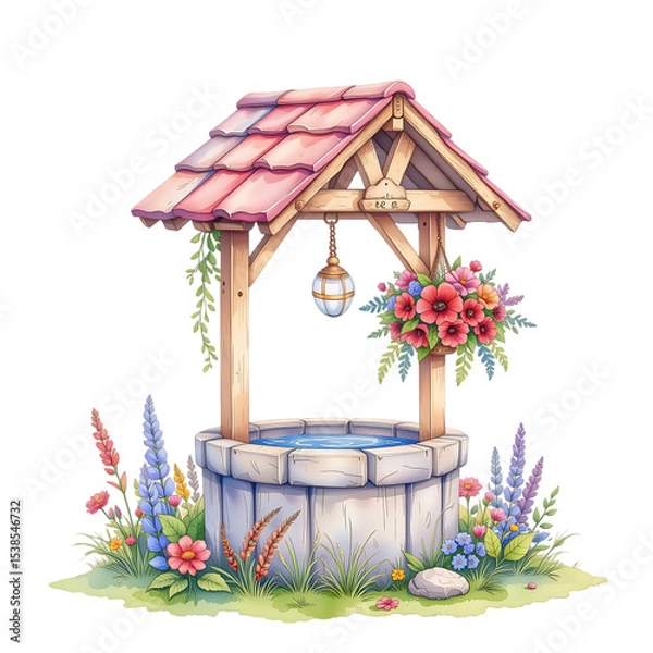 Fototapeta Charming decorative well surrounded by flowers nature setting illustration tranquil atmosphere close-up perspective