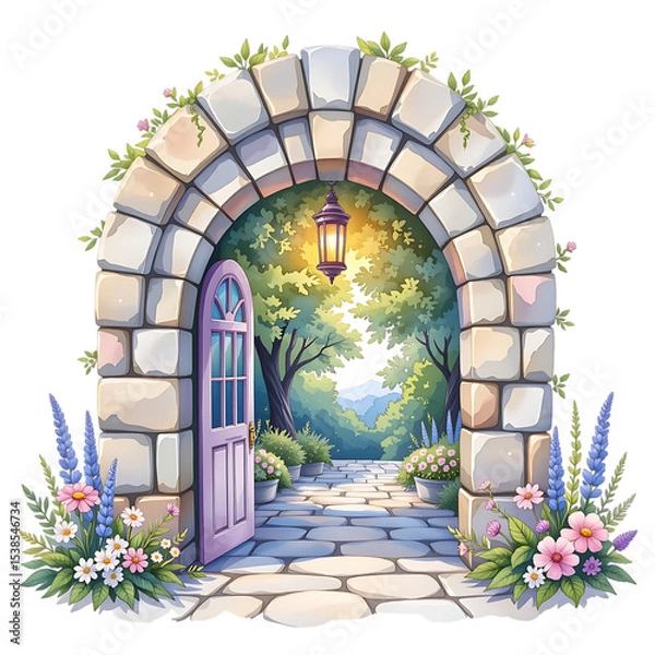 Fototapeta Serene garden pathway with lantern nature scene illustration tranquil setting wide angle escape to beauty