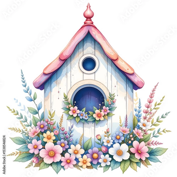 Fototapeta Charming birdhouse design surrounded by colorful flowers nature scene digital art vibrant and whimsical