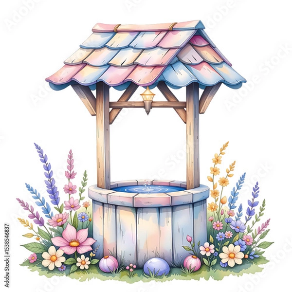 Fototapeta Charming floral well decoration enchanted garden digital art colorful environment close-up view whimsical concept