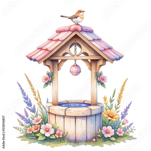 Fototapeta Whimsical bird on a charming well surrounded by blossoms fantasy garden digital art bright and cheerful captivating concept