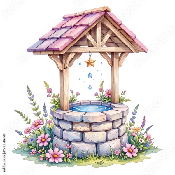 Fototapeta Whimsical well with flowers enchanted garden digital art serene landscape close-up view nature concept