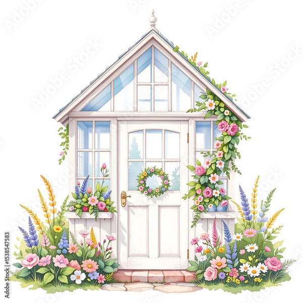 Fototapeta Charming floral cottage with beautiful garden serene setting illustration nature front view whimsical design