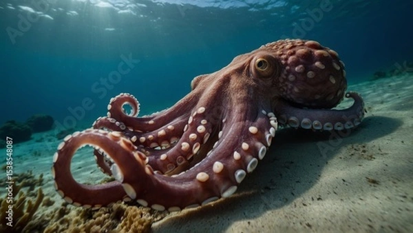 Fototapeta A red octopus resting on the sandy seafloor in clear turquoise ocean waters