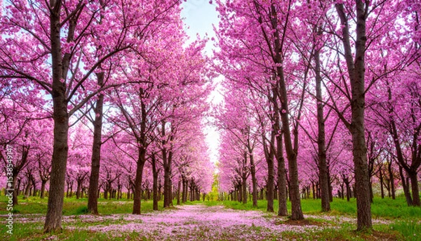 Fototapeta Cherry Blossom Avenue: A breathtaking pathway unfolds, lined with vibrant cherry blossom trees in full bloom, their pink petals creating a tunnel of floral enchantment.