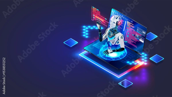 Fototapeta A artificial intelligence chatbot helps a programmer to program. An AI in the form of a robot sticks his head out from a laptop screen. Create the program code. creating software using an AI chatbot.