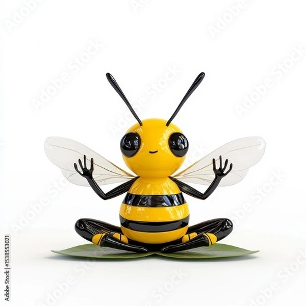 Obraz Cute Cartoon Bee Meditating on Leaf 3D Render